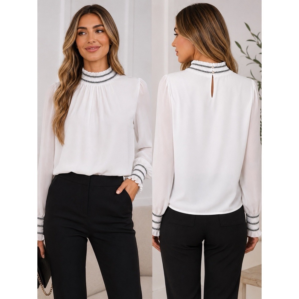 Karl Lagerfeld Paris Women's Large Smocked Blouse High Neck Long Sleeve Career
